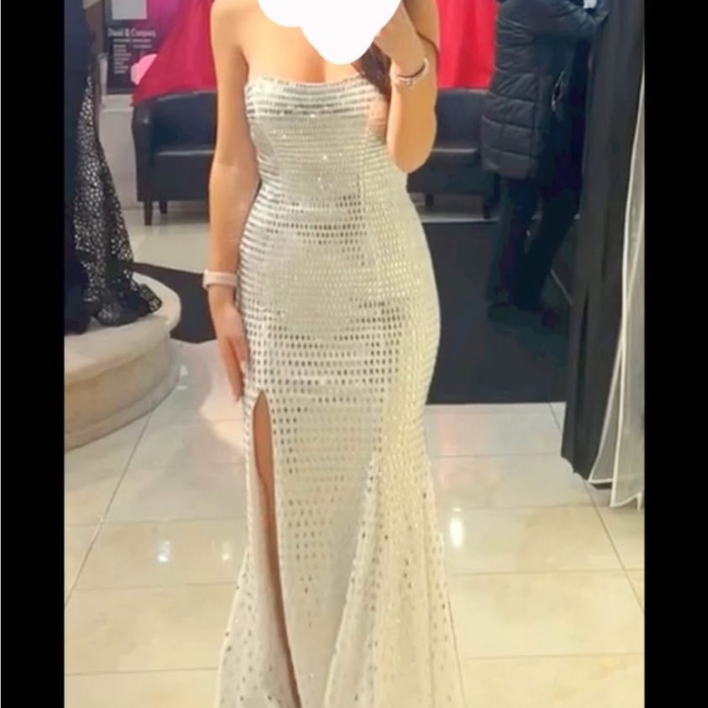 Sherri Hill Silver Strapless Gown for Prom